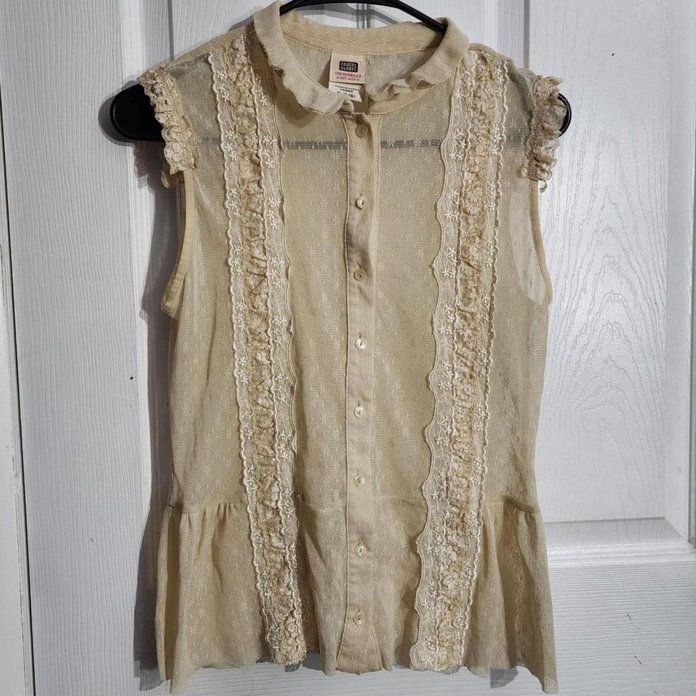 Vintage Cream Sheer Lace Ruffle Blouse